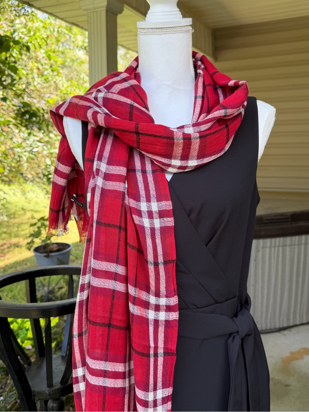 Talbots Red White Plaid Oversized Scarf Wrap Shawl 74" x 26" Fall Winter